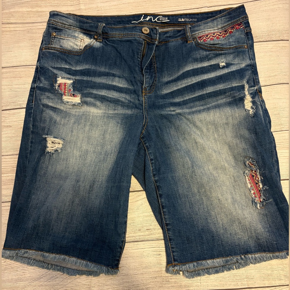 Distressed Denim Shorts with Red patchwork Accents